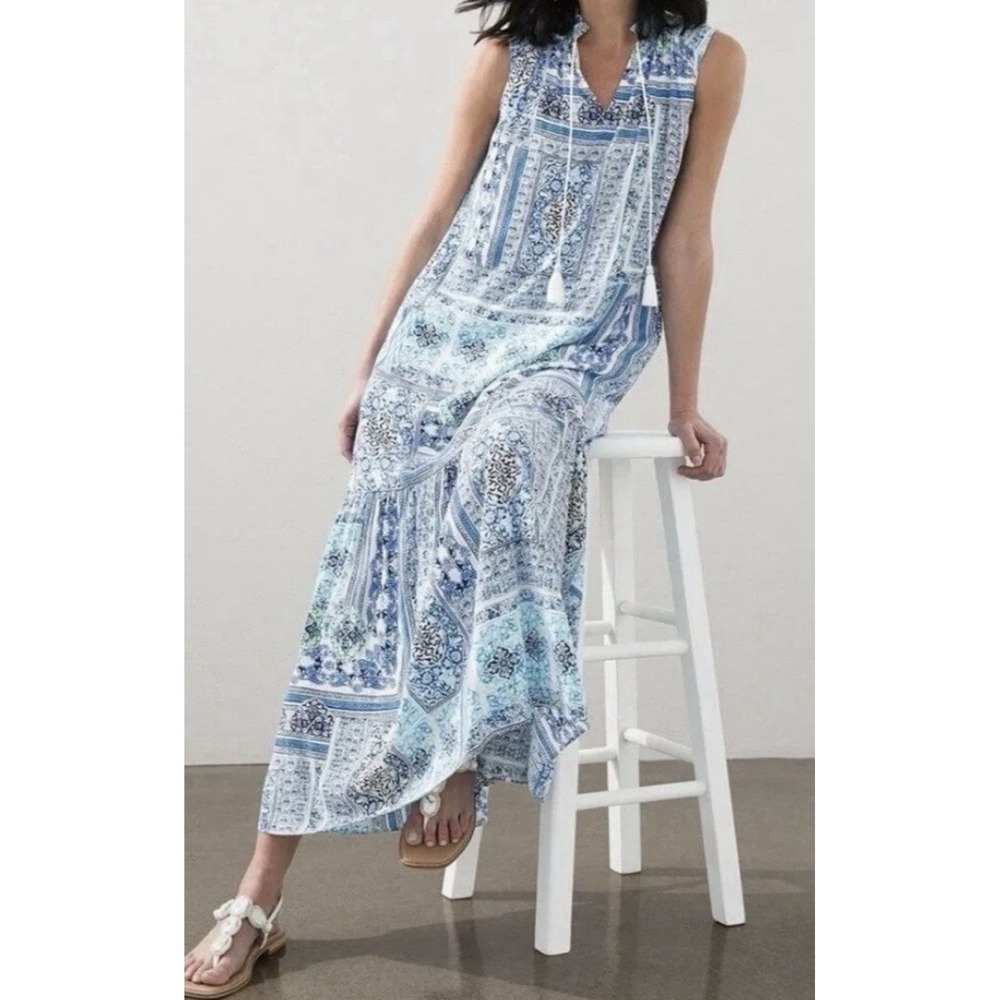 Chico's Modern Peasant Tile Maxi Dress Size 0 (Small) Blue Boho Pockets